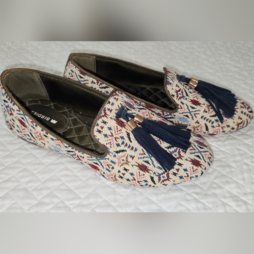 BIRDIES Women's Multicolor Patterned Loafers with Navy Tassels